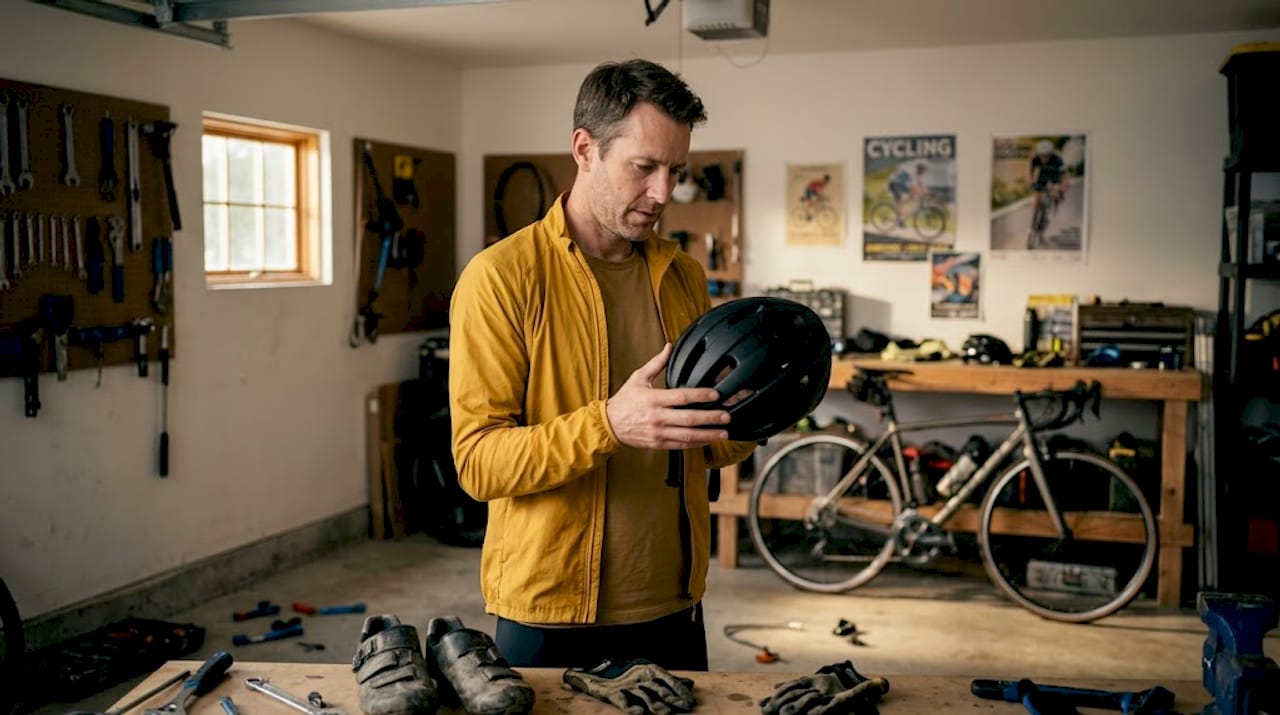 Cyclist inspecting helmet in home entryway
