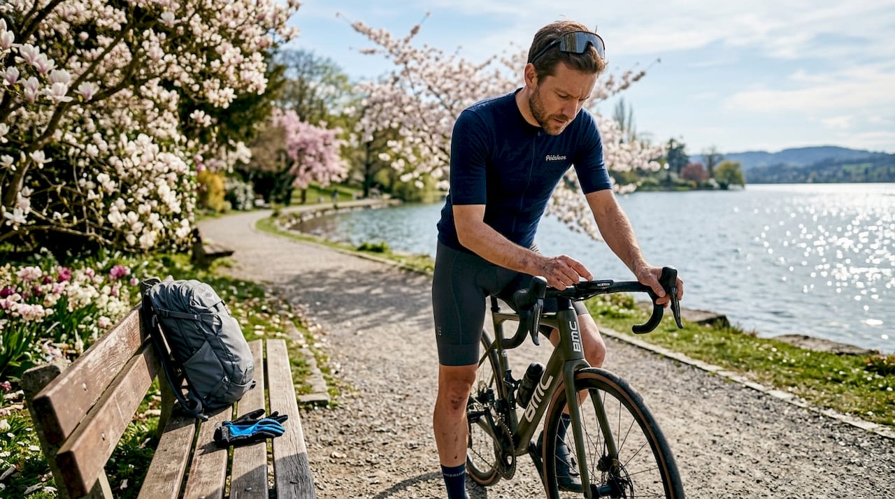 Un cycliste règle son appareil Bluetooth fixé sur le guidon de son vélo.