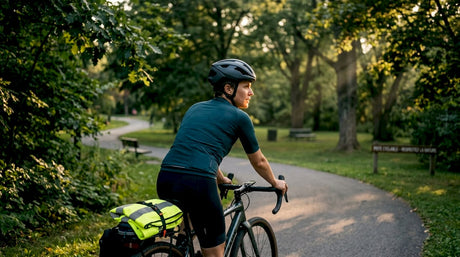 Un cycliste casqué circule sur une piste cyclable en ville.