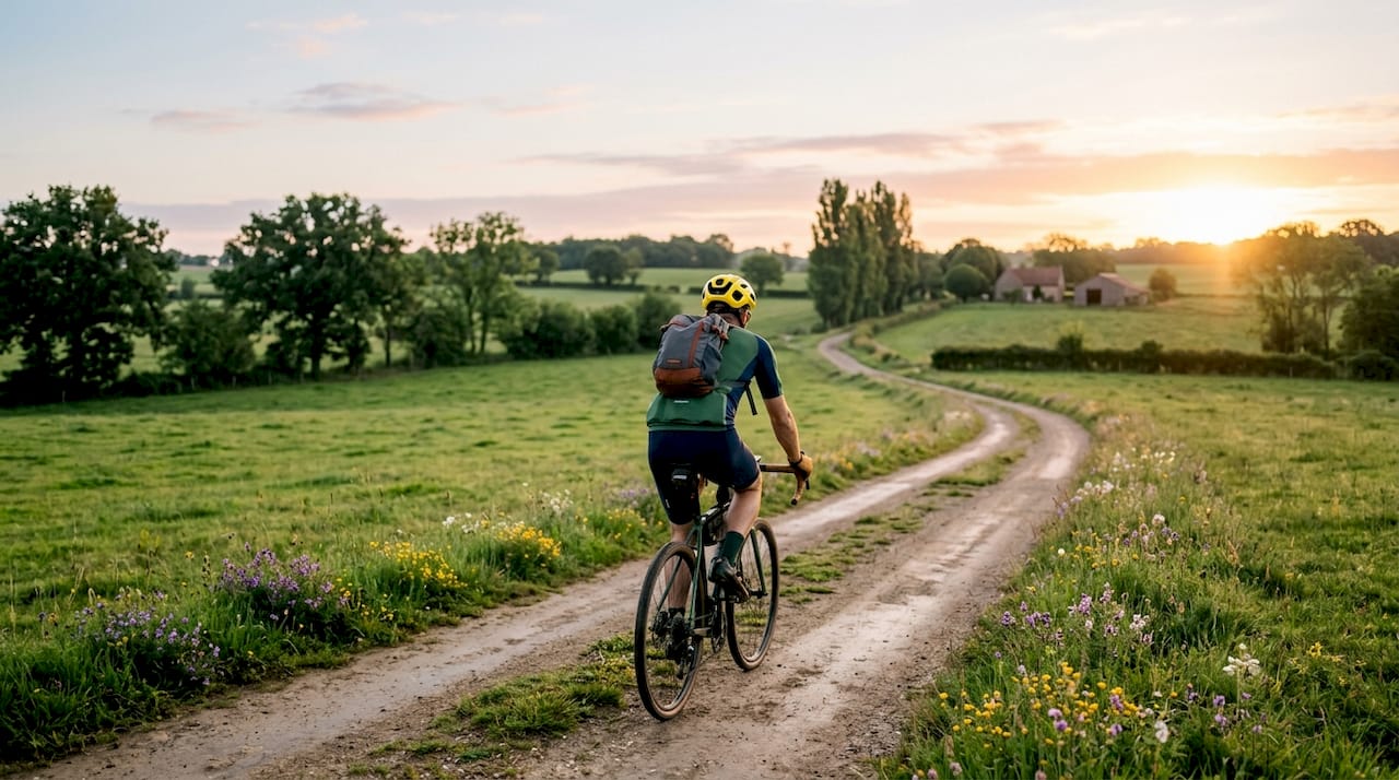 Un cyclotouriste bien équipé pédale tranquillement sur une piste cyclable au petit matin.