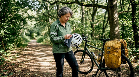 Cyclist visually inspecting bike helmet outdoors