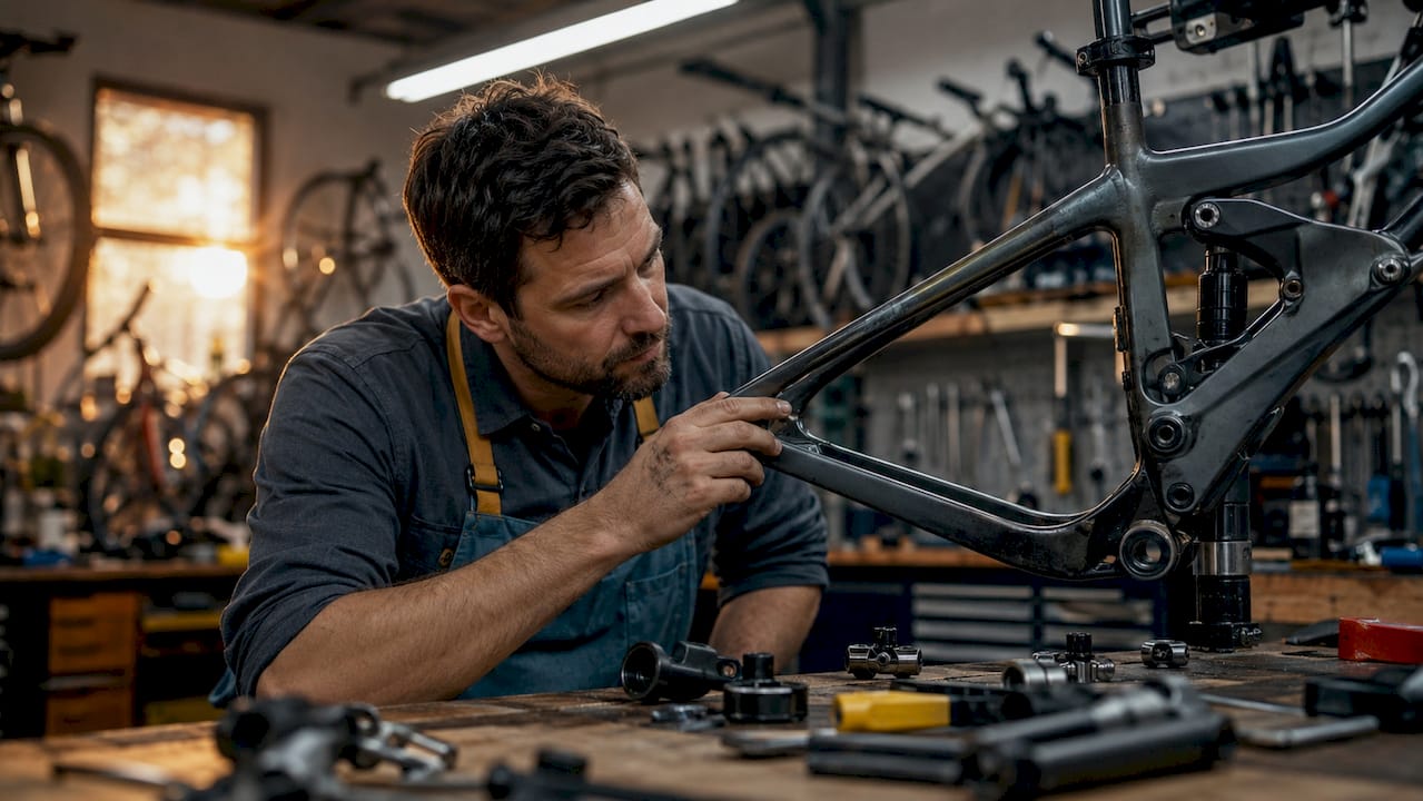 Mechanic inspecting bike frame material durability