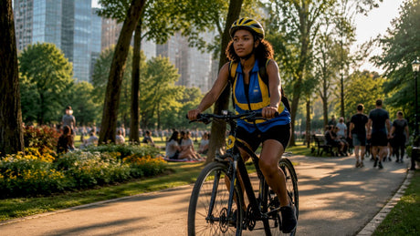Cyclist riding safely in urban bike lane