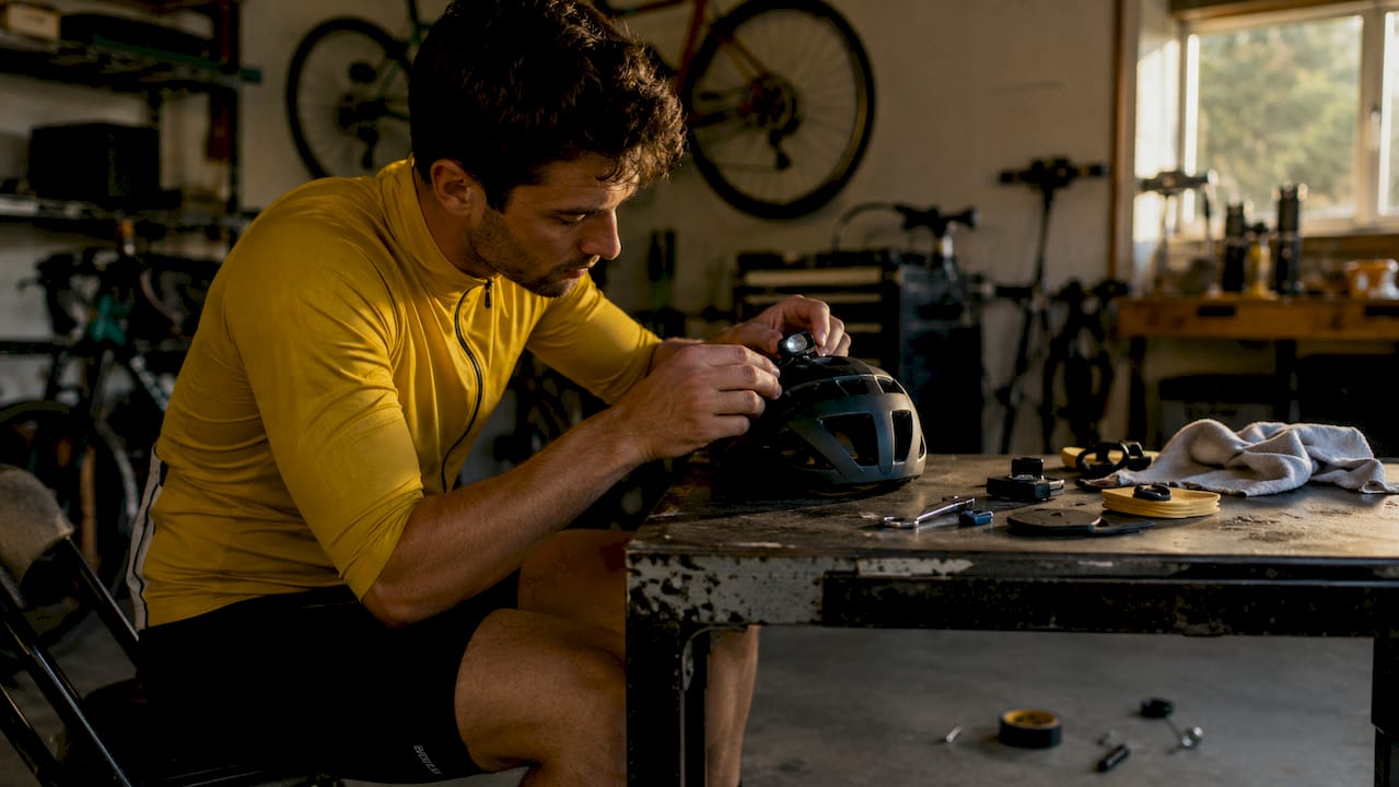Cyclist installing light on helmet at workbench