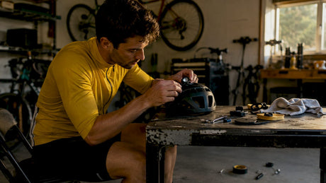 Cyclist installing light on helmet at workbench
