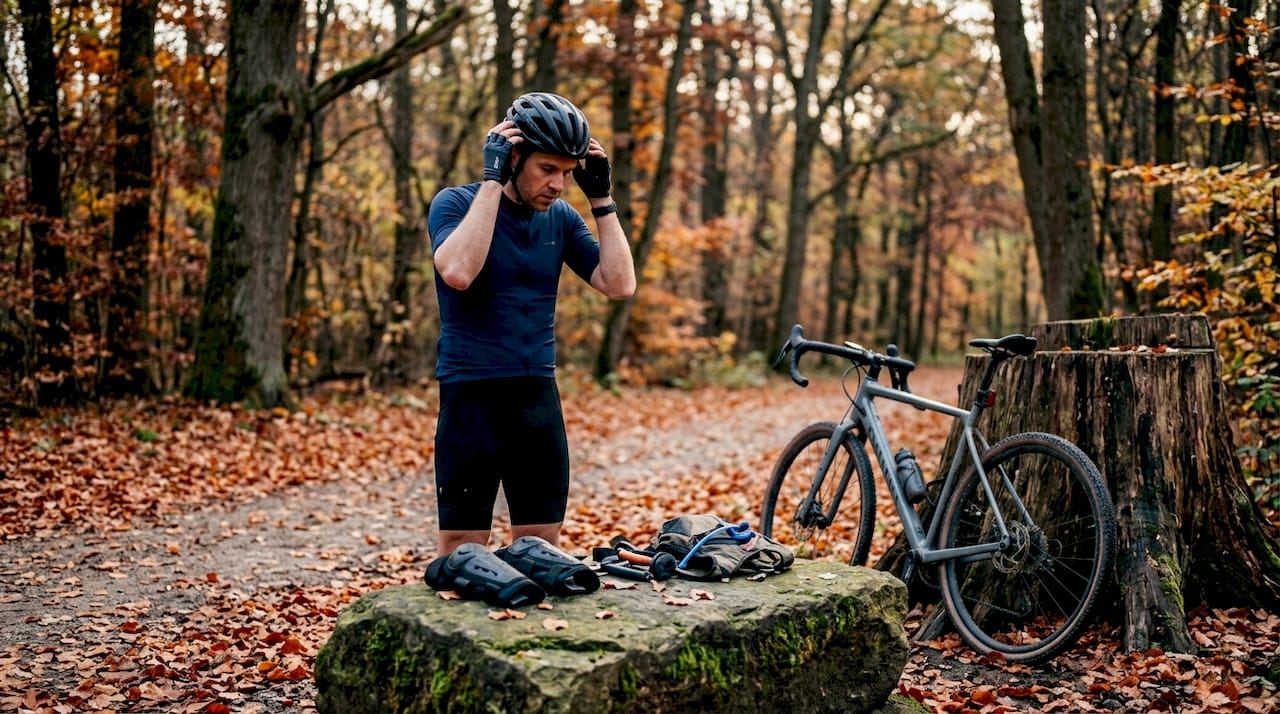 Un passionné de gravel ajuste son casque avant de partir à l’aventure en pleine nature.