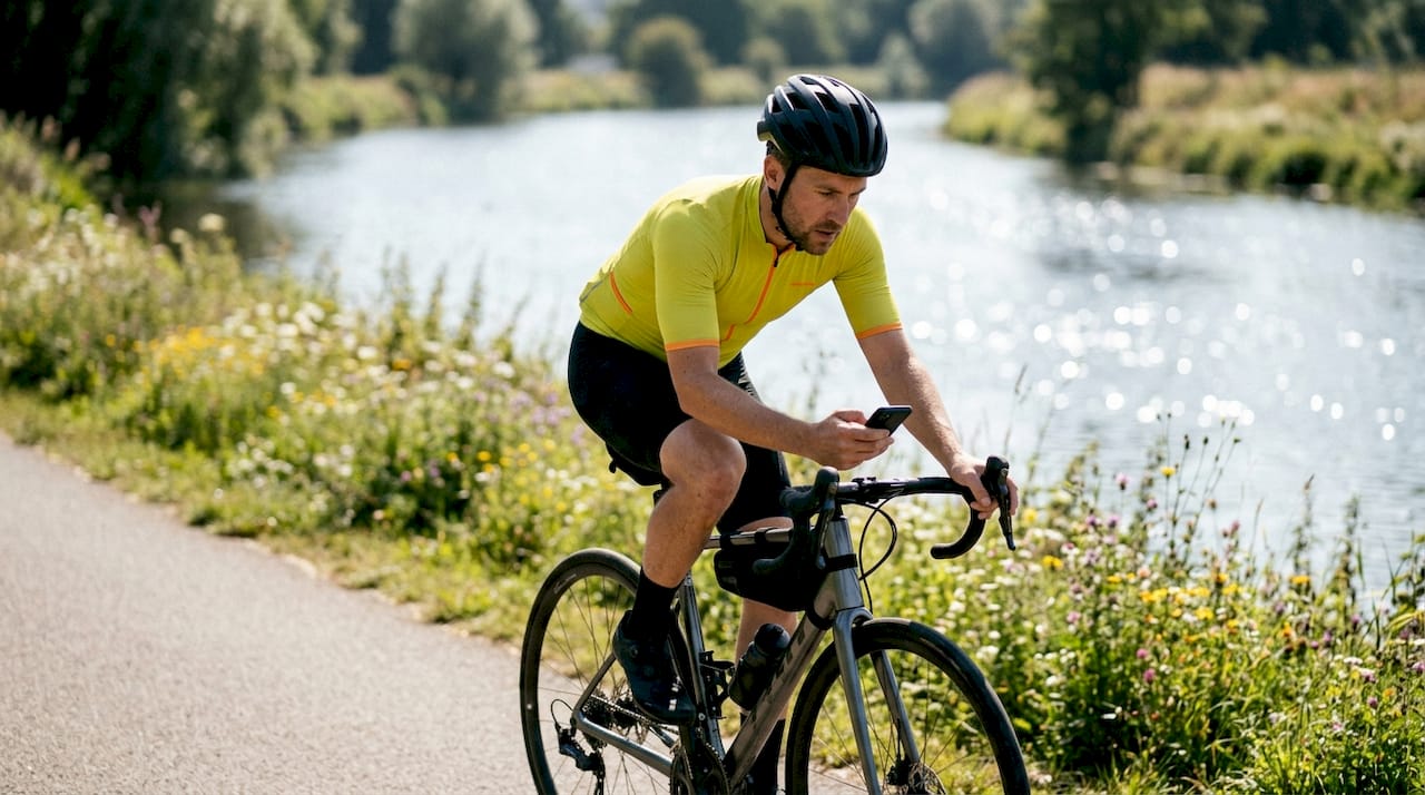 Cyclist using connected cycling gear on bike path