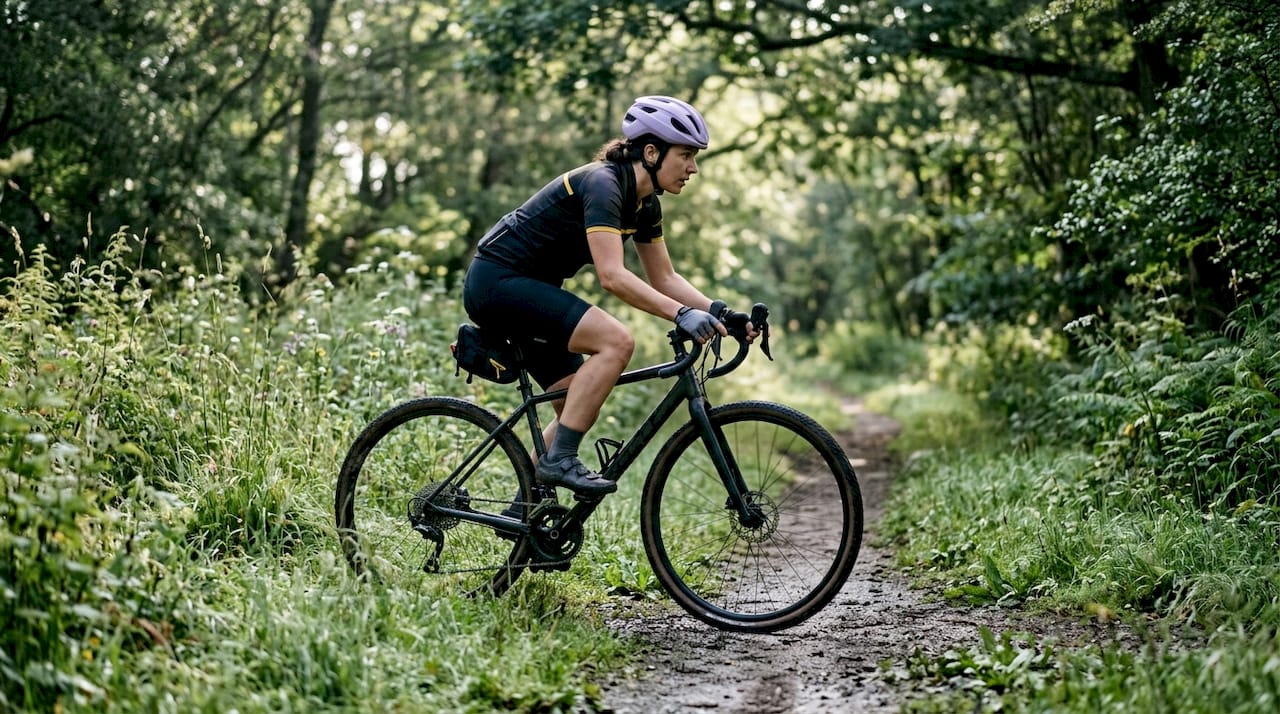 Cyclist demonstrating gravel ready position on trail