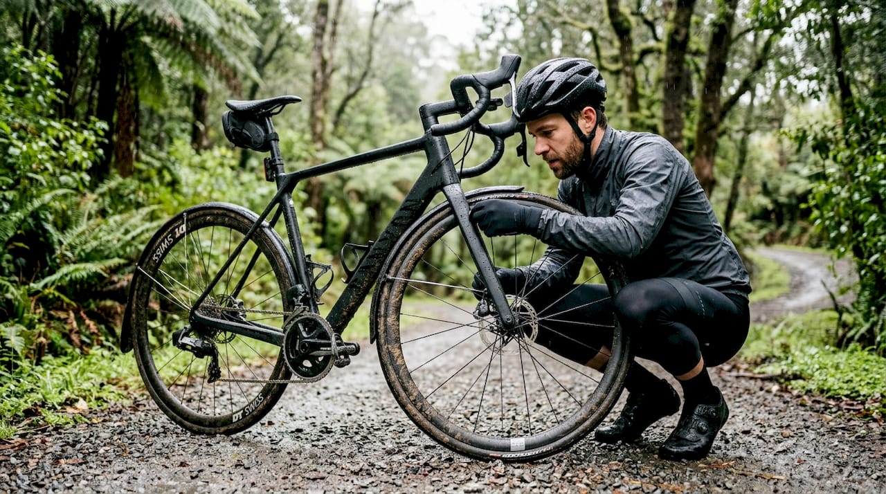 Un cycliste examine son vélo sous la pluie pour s’assurer qu’il ne prend pas l’eau.
