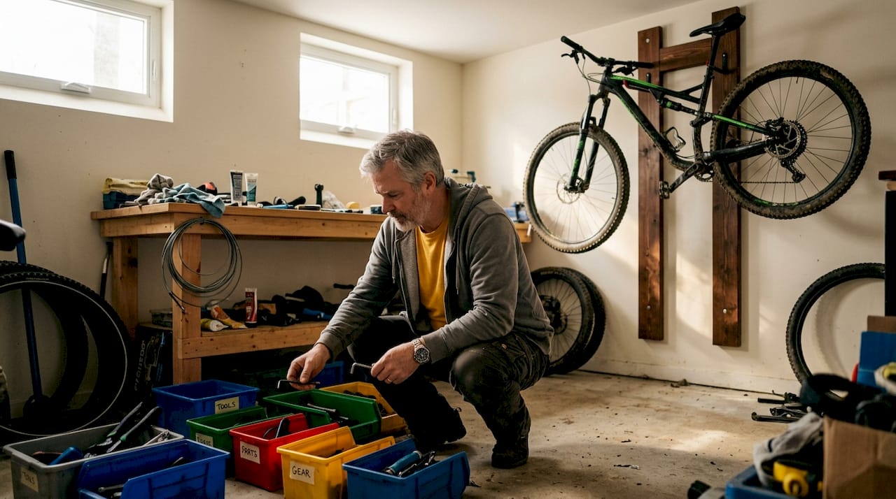 Man organizing cycling gear in garage workshop