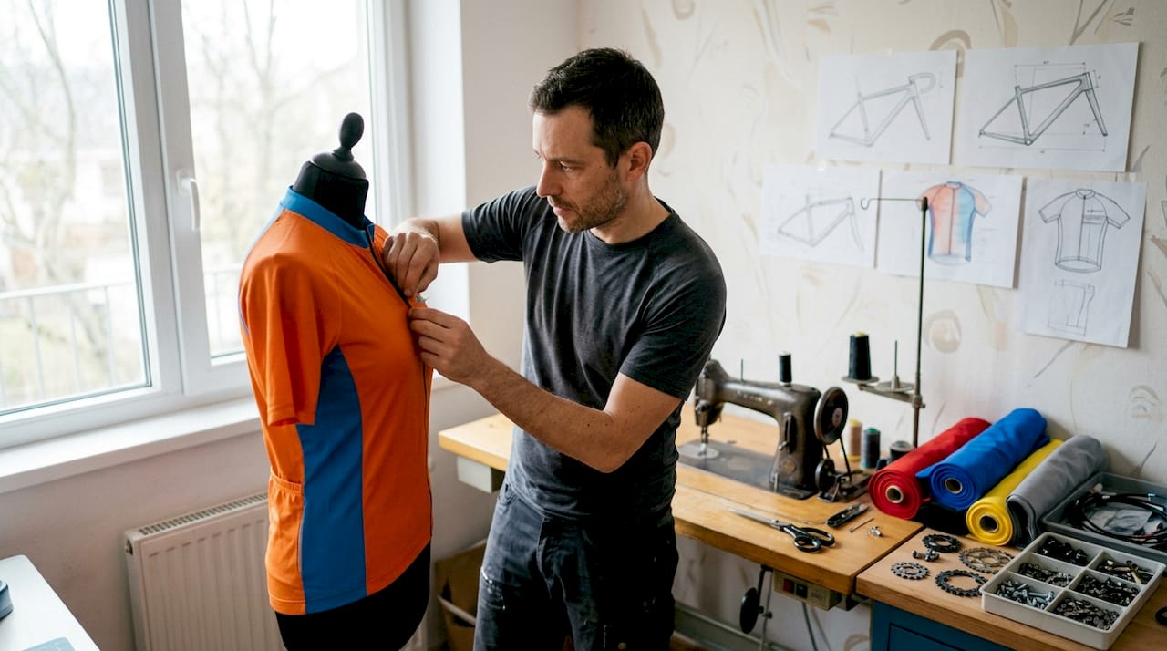 Un cycliste ajuste sa tenue technique avant de prendre la route, au cœur de l’atelier vélo.