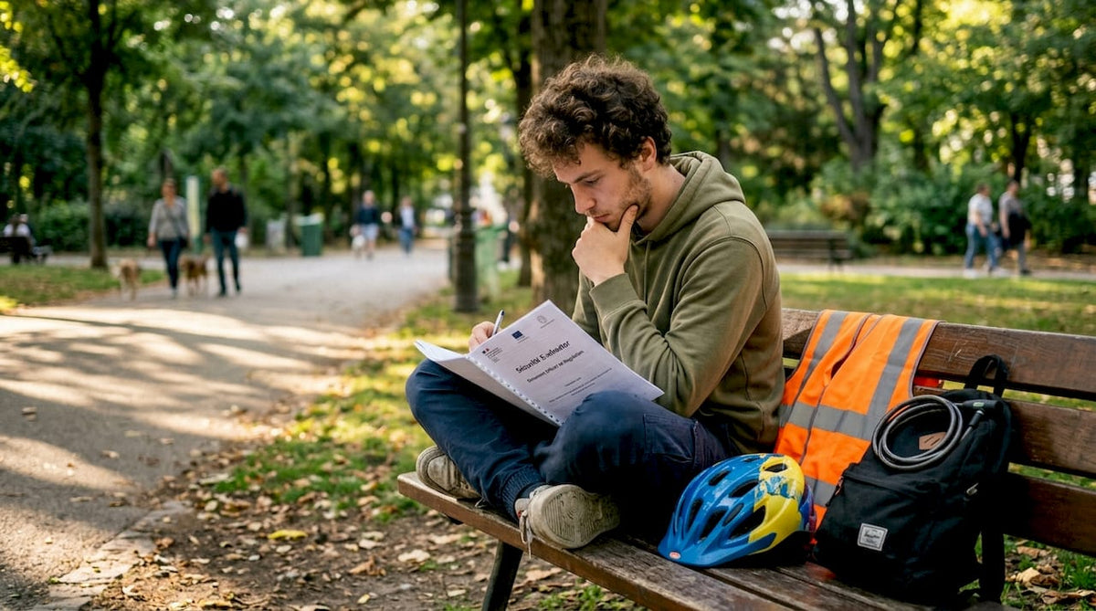 Un homme feuillette une brochure sur la sécurité des trottinettes électriques en plein air.