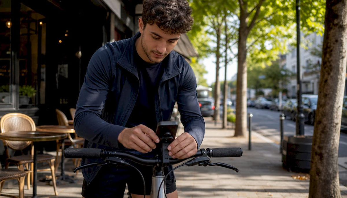 Un cycliste règle le support magnétique de son téléphone fixé sur le guidon de son vélo.