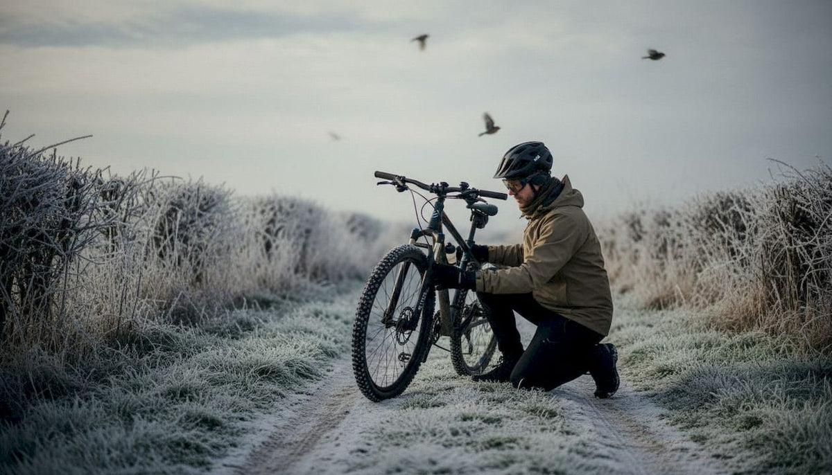 Un cycliste s’apprête à prendre la route en hiver, ajustant son vélo sur un sentier recouvert de neige.