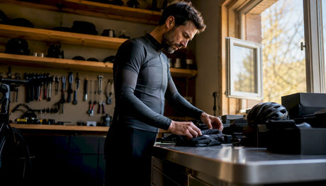 Un passionné de vélo range soigneusement son matériel haut de gamme dans son atelier.