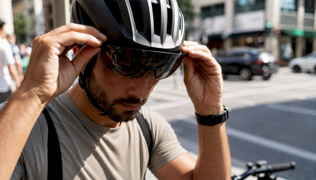 Un cycliste ajuste la visière de son casque et ses lunettes, prêt à s’élancer au cœur de la ville.