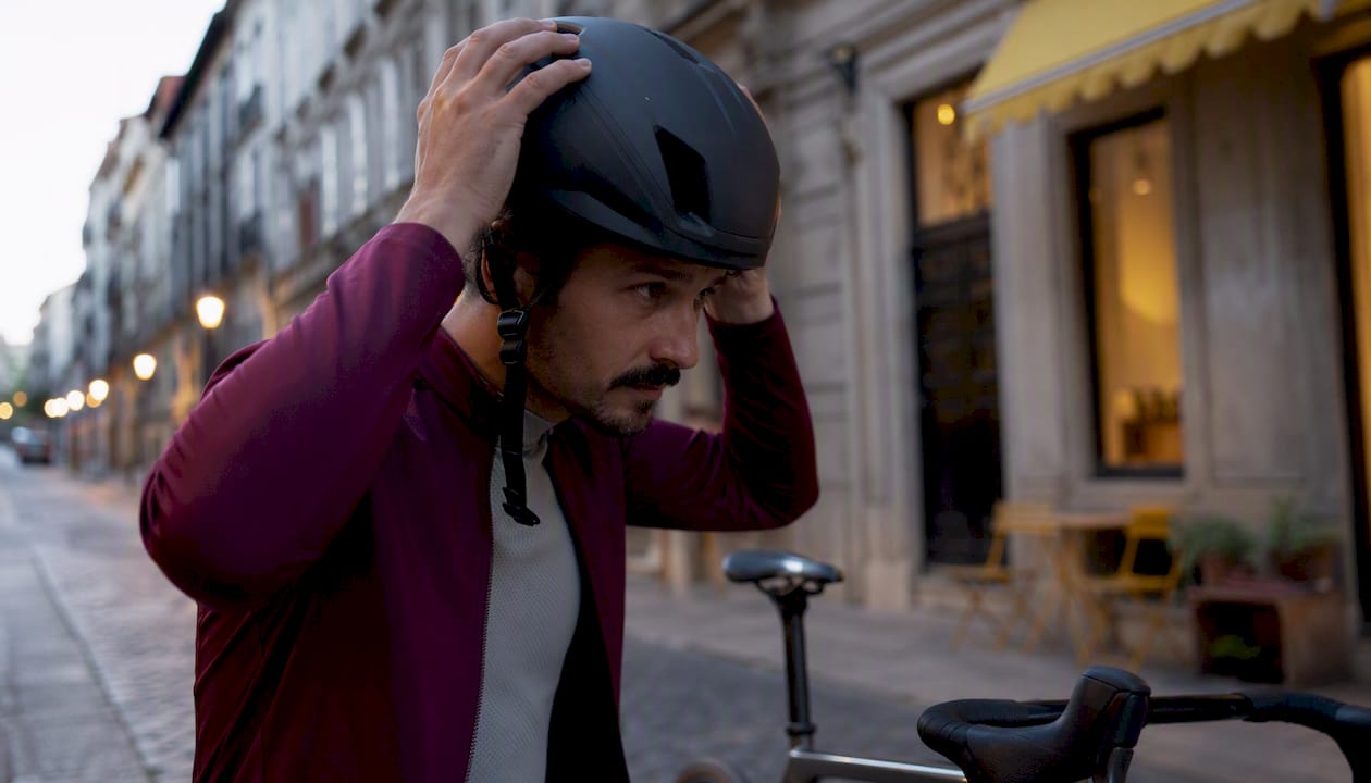 Cyclist adjusting helmet strap on city street