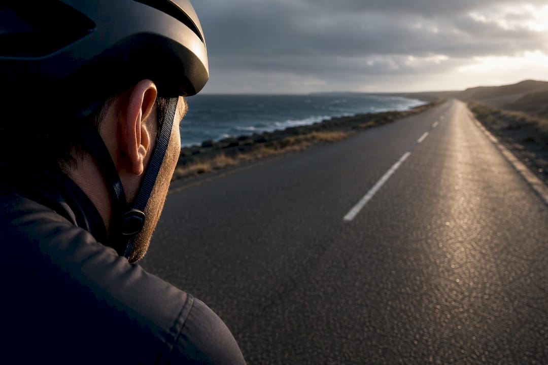 Cyclist riding into strong headwind