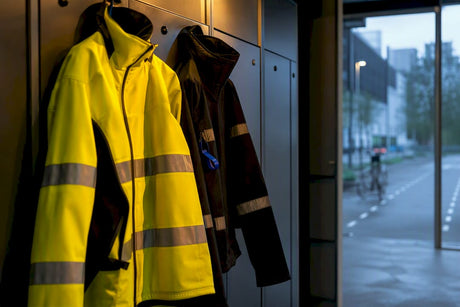 Vestes de sécurité haute visibilité et noires suspendues