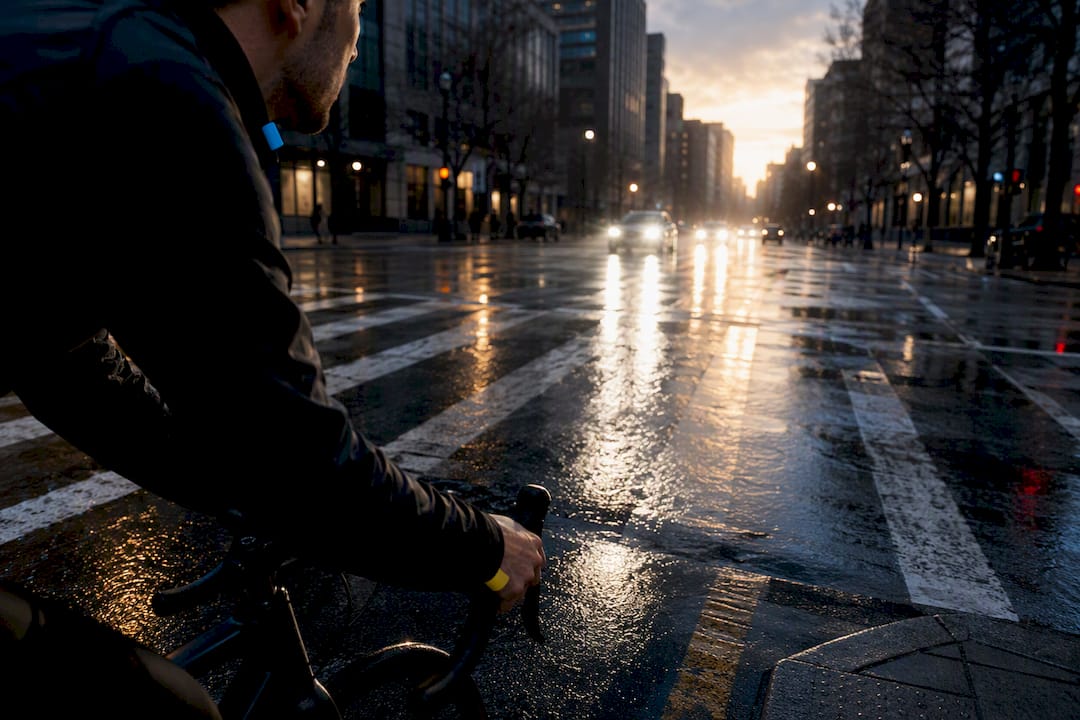 Cyclist facing glare on wet road