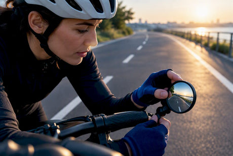 Cyclist adjusting mirror beside bike lane