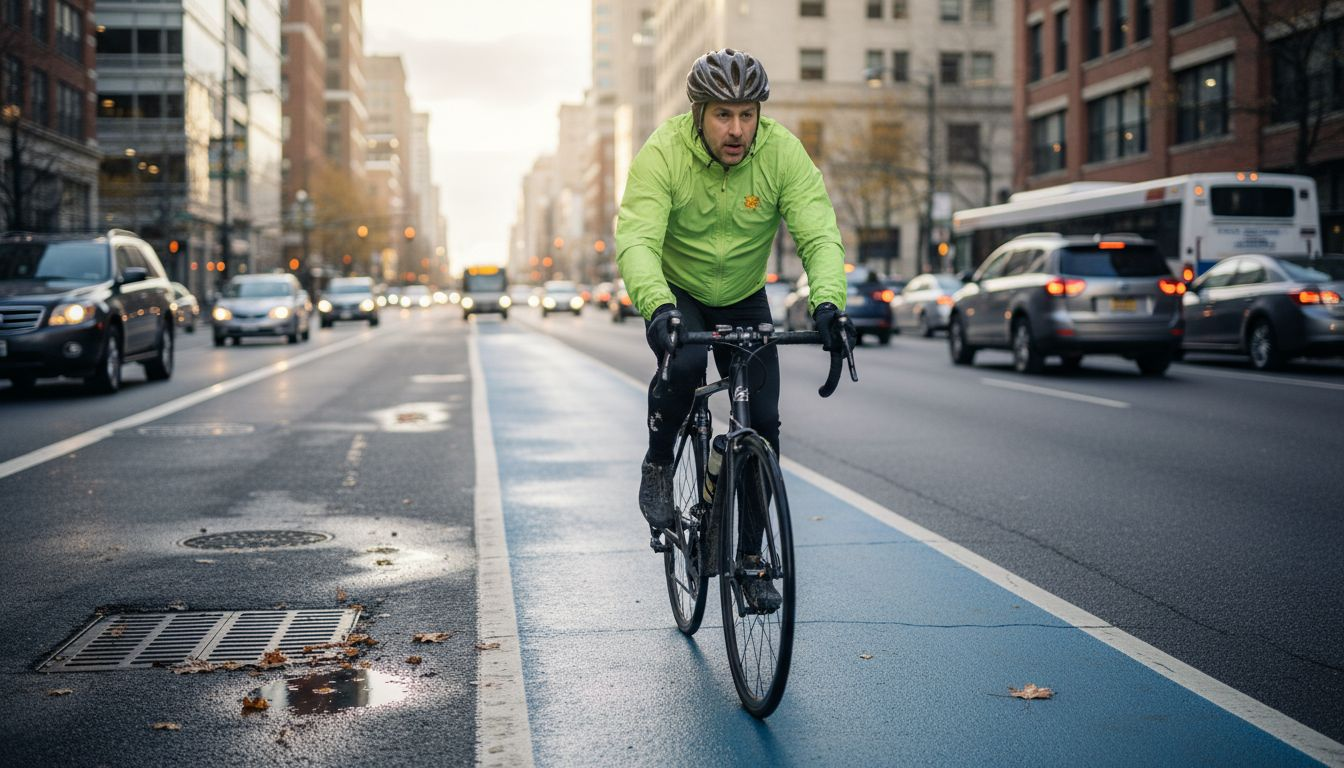 Urban cyclist using marked city bike lane