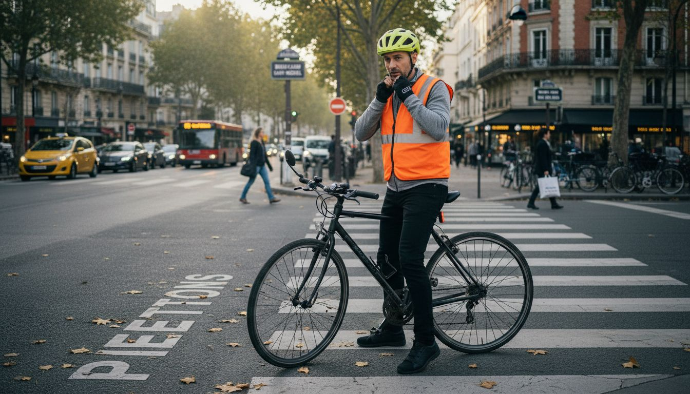 Avant de partir en ville, le cycliste s’équipe soigneusement pour assurer sa sécurité.