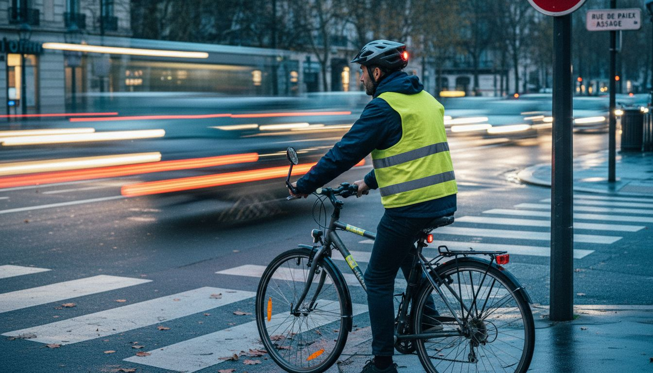 Un cycliste circule en ville, parfaitement équipé de tous les accessoires de sécurité indispensables.