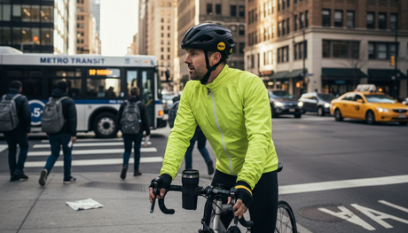Urban cyclist wearing certified helmet at crosswalk
