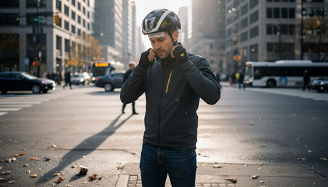 Cyclist adjusting helmet at city intersection