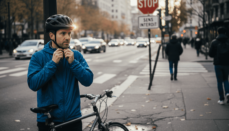 Un cycliste en ville prend un instant sur le trottoir pour bien régler son casque avant de repartir.