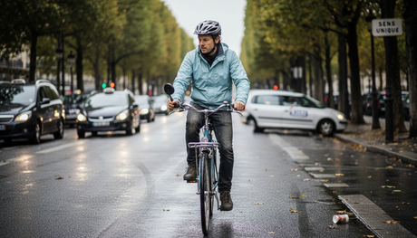 Un cycliste urbain ajuste son rétroviseur sur le guidon alors qu’il circule au milieu de la circulation trépidante en ville.