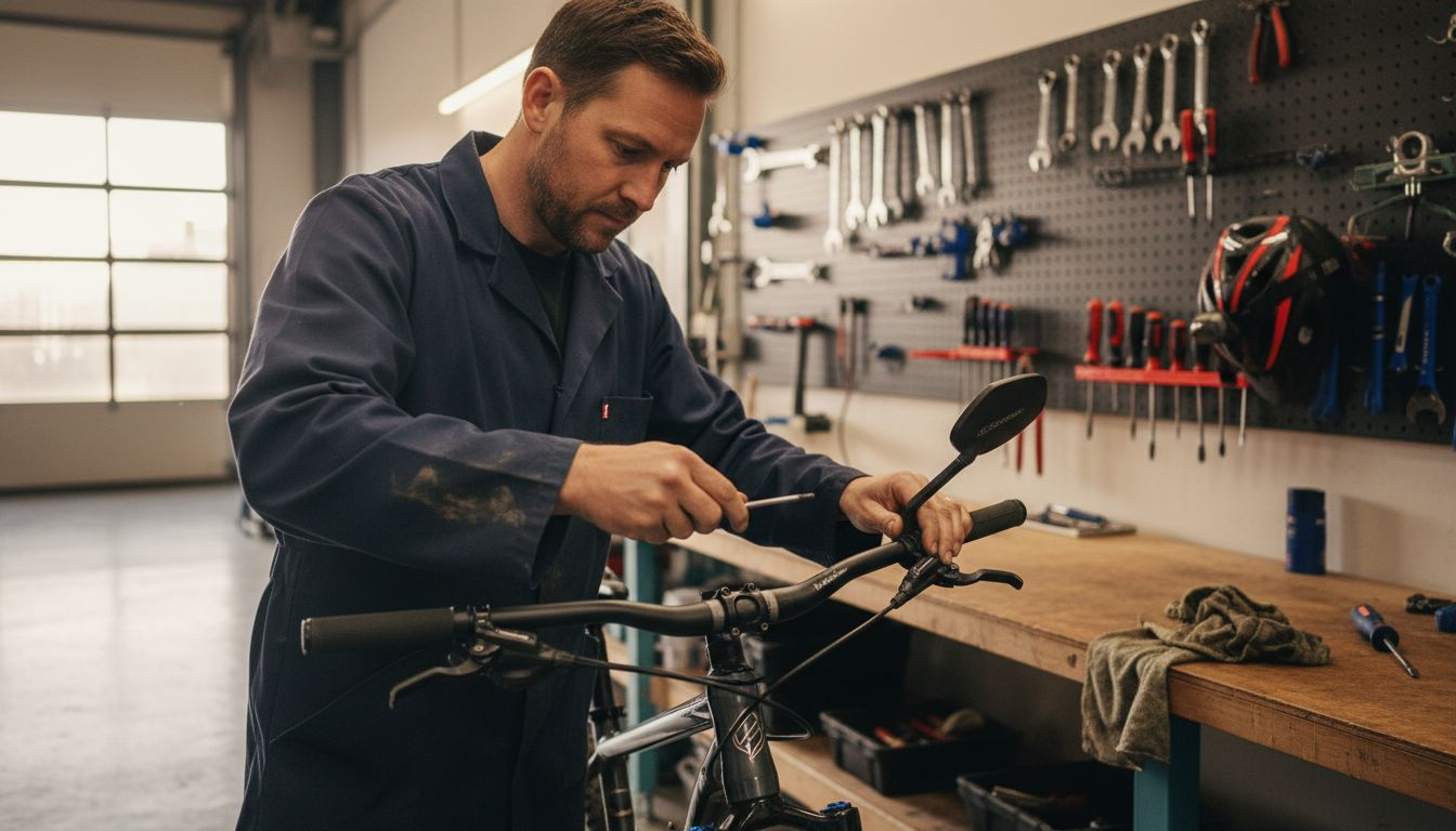 Un cycliste équipe son vélo d’un rétroviseur fixé au guidon.