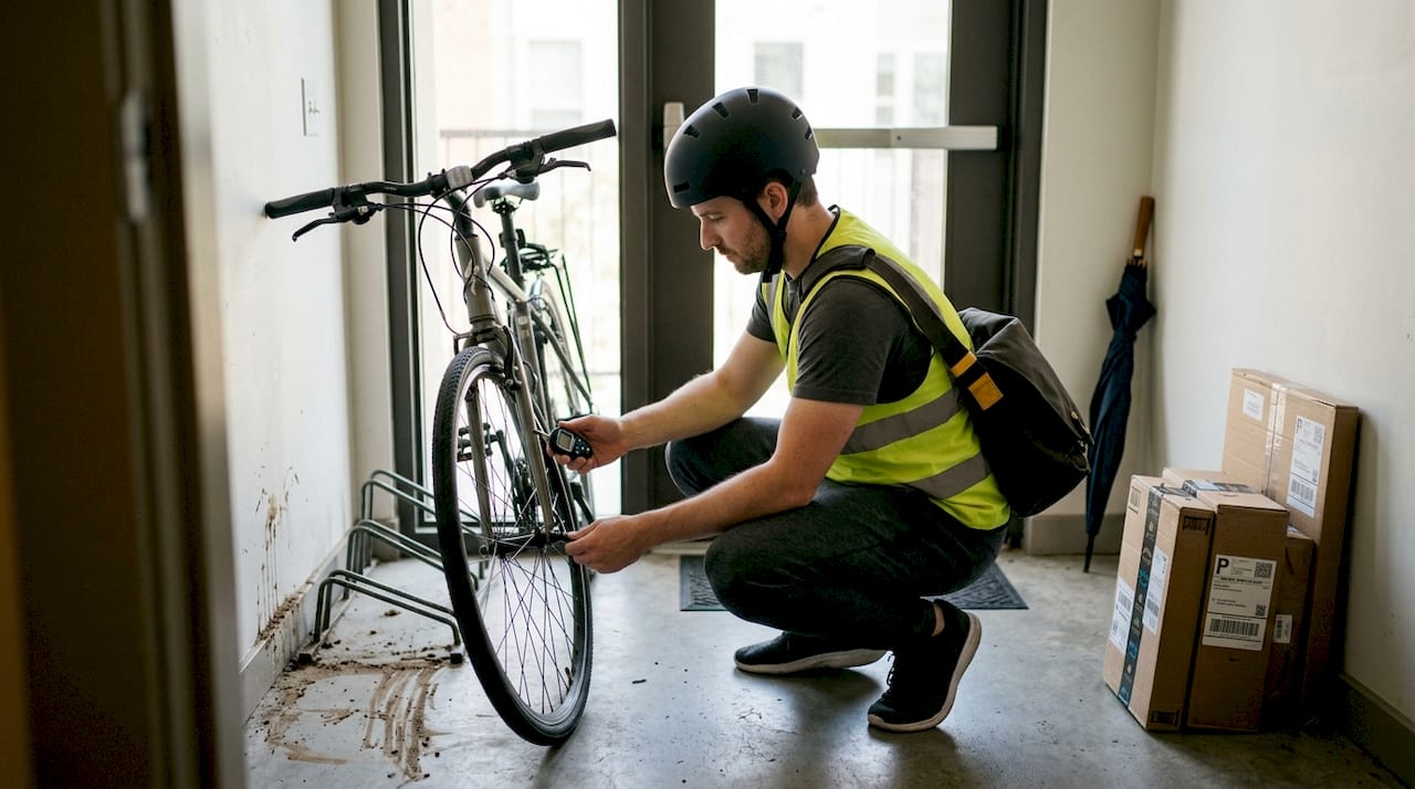 Commuter cyclist performs bike safety check