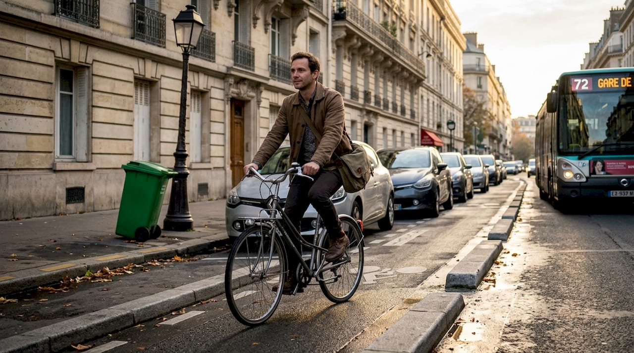 À Paris, en semaine, un cycliste slalome sur les pistes cyclables de la ville.