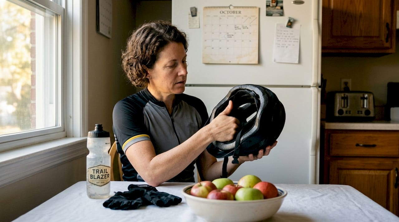 Cyclist inspecting helmet foam in kitchen