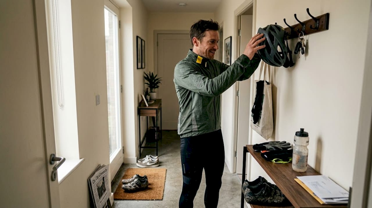 Cyclist storing helmet in home entryway