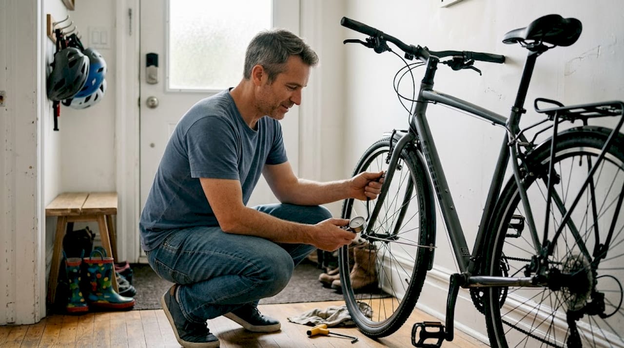 Cyclist checking tire pressure before ride