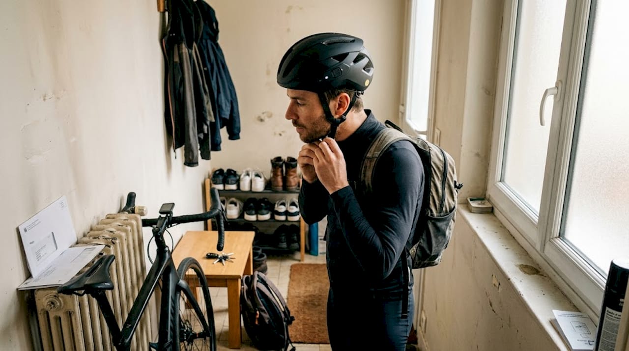 Un cycliste ajuste son casque connecté dans l’entrée de son appartement.