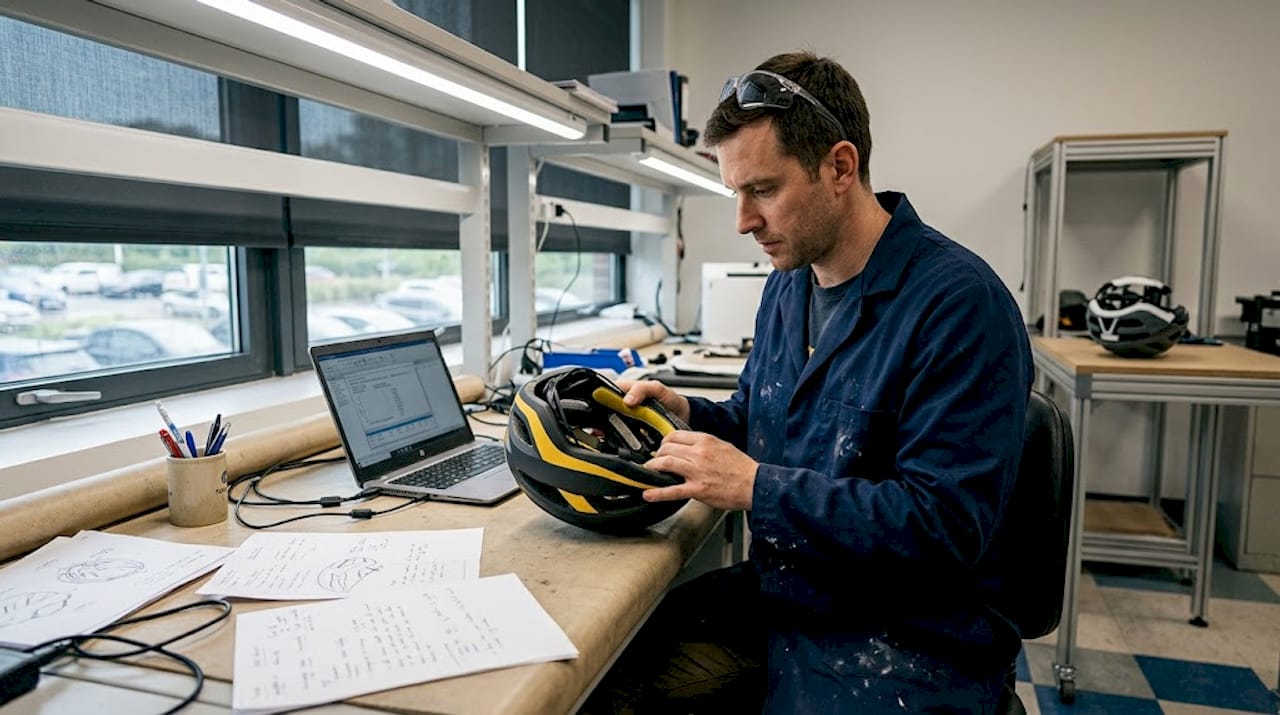 Technician evaluating helmet safety in lab