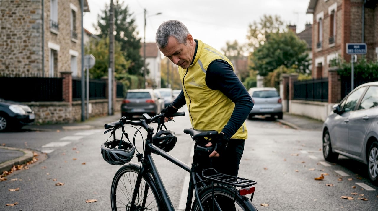 Un cycliste vérifie son radar arrière alors qu’il roule en ville.
