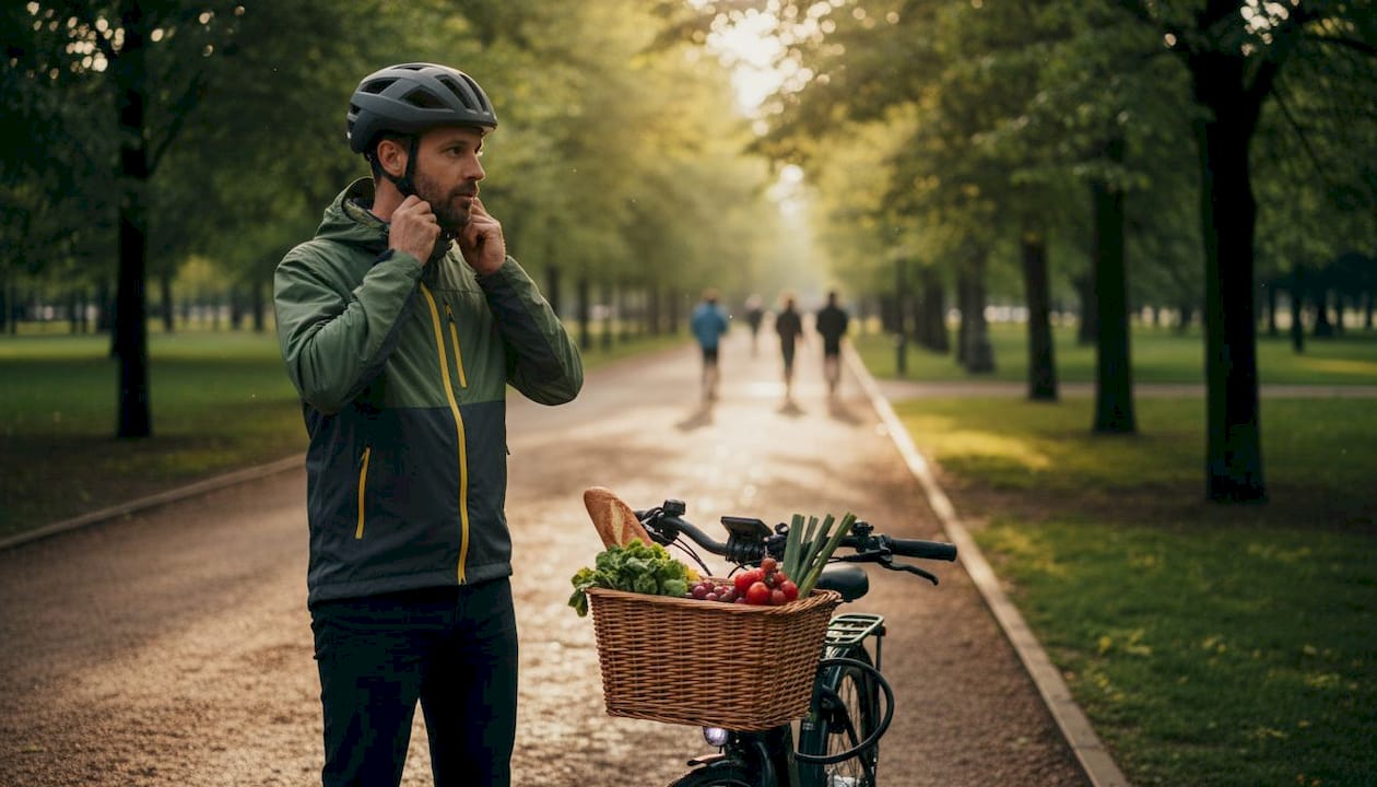 Un cycliste en ville ajuste son casque spécialement conçu pour le vélo électrique avant de partir.