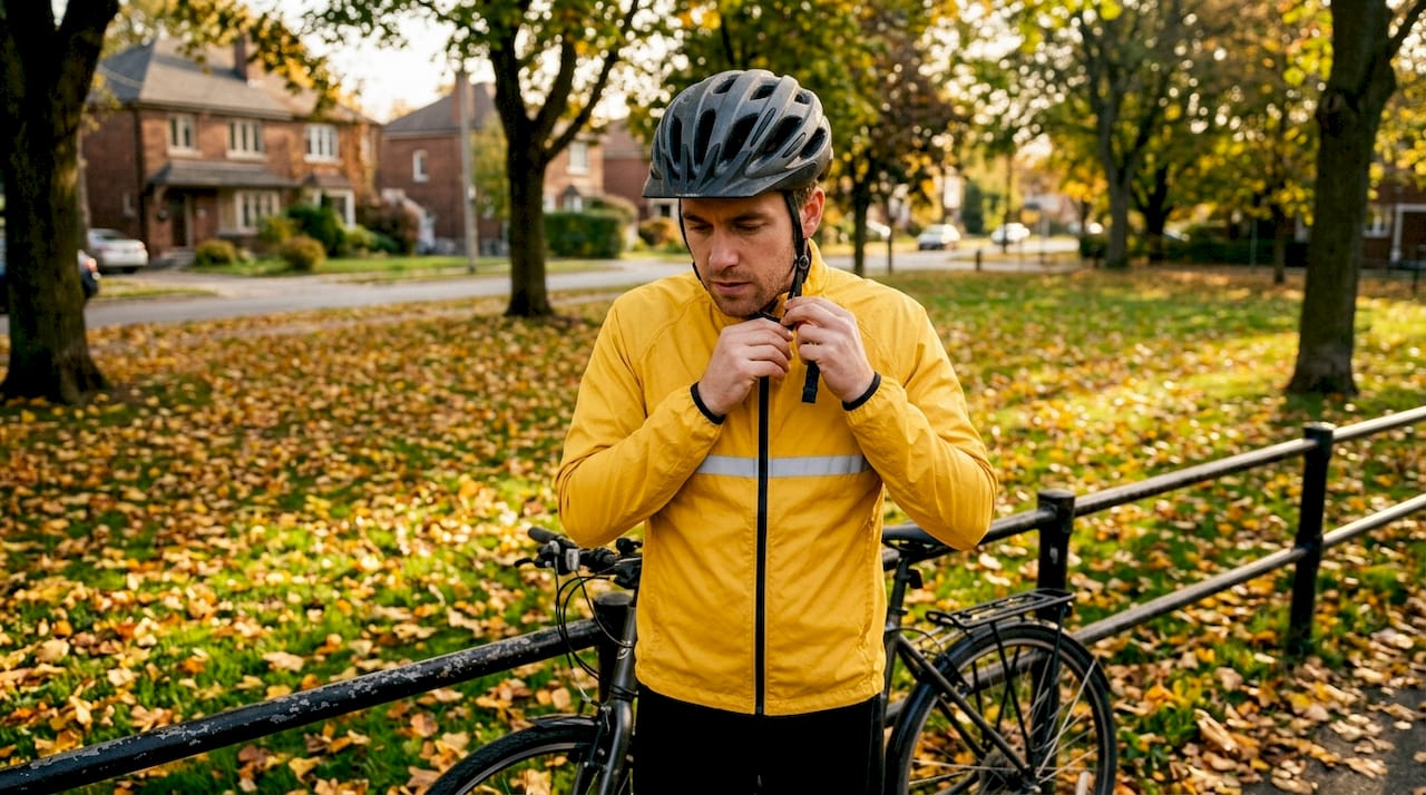 Cyclist ensures helmet is secure in city