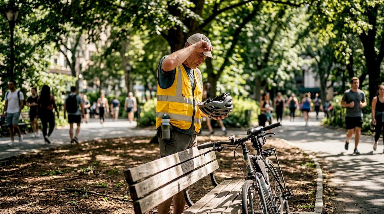 Cyclist adjusting helmet beside bike lane
