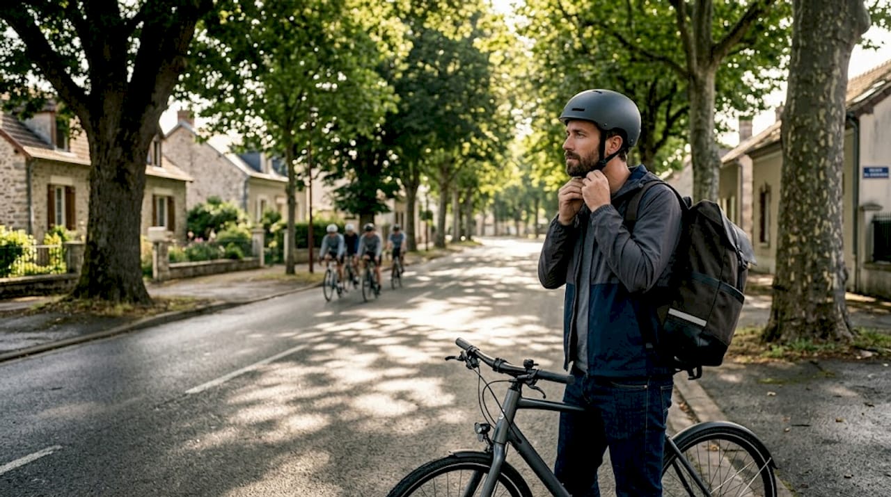 Un cycliste en ville qui règle son casque avant de partir pour sa journée.