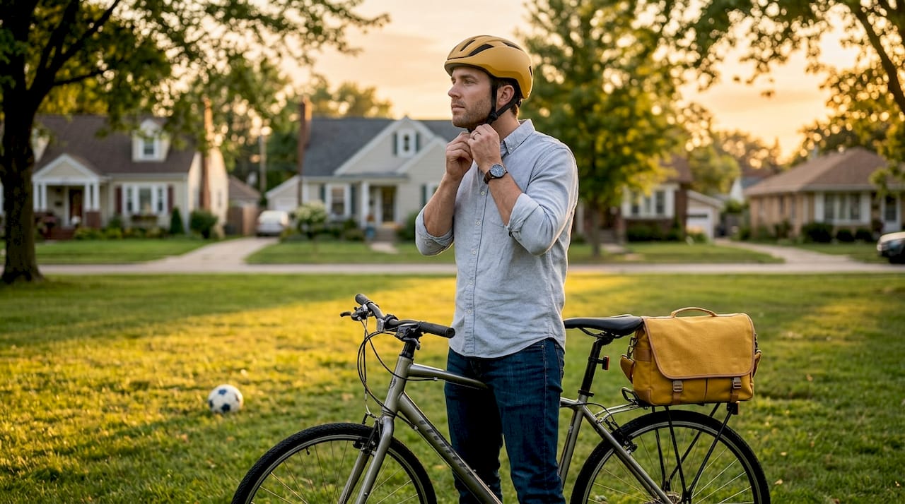 Cyclist adjusting helmet before work commute