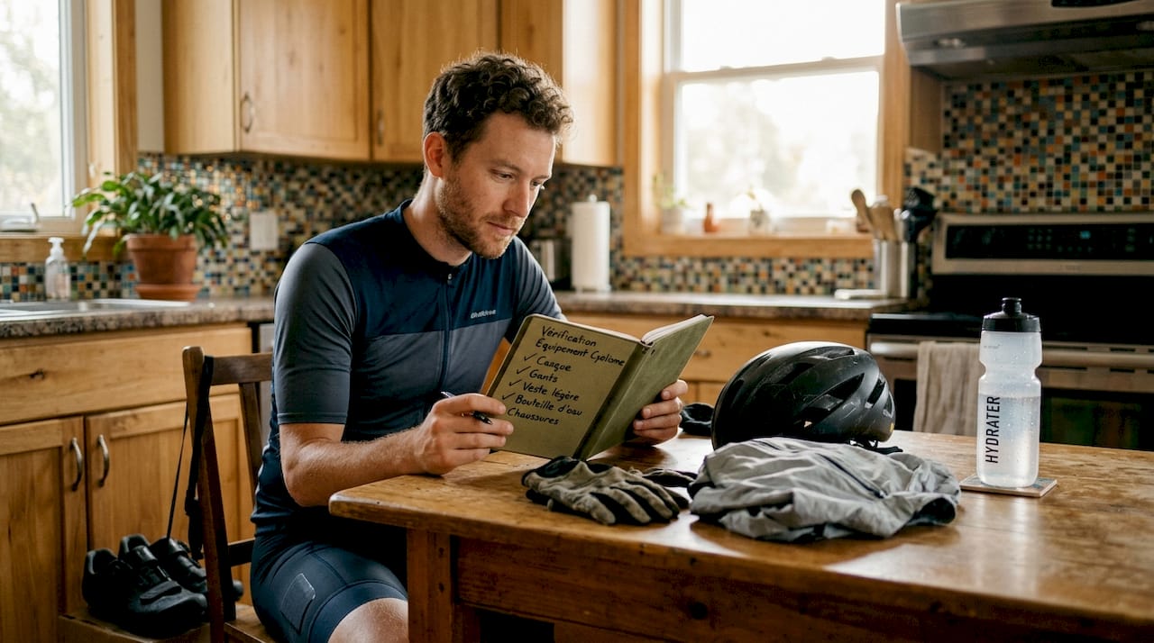 Un cycliste en pleine réflexion sur son choix de plat, assis à table comme s’il sélectionnait un braquet avant une course.