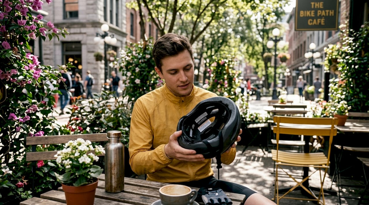 Cyclist examining helmet certification labels indoors