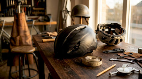 Un casque de vélo en matériau composite est posé sur l'établi de l’atelier.