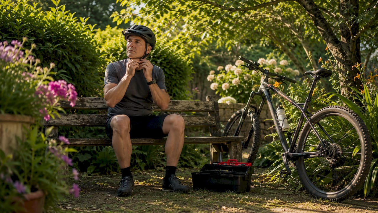 Un homme règle son casque de vélo dans son garage.
